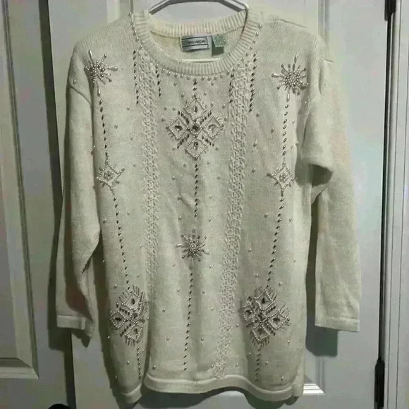 Vintage Shenanigans Christmas Snowflakes Pearl Beaded Christmas Sweater size S - Picture 1 of 12